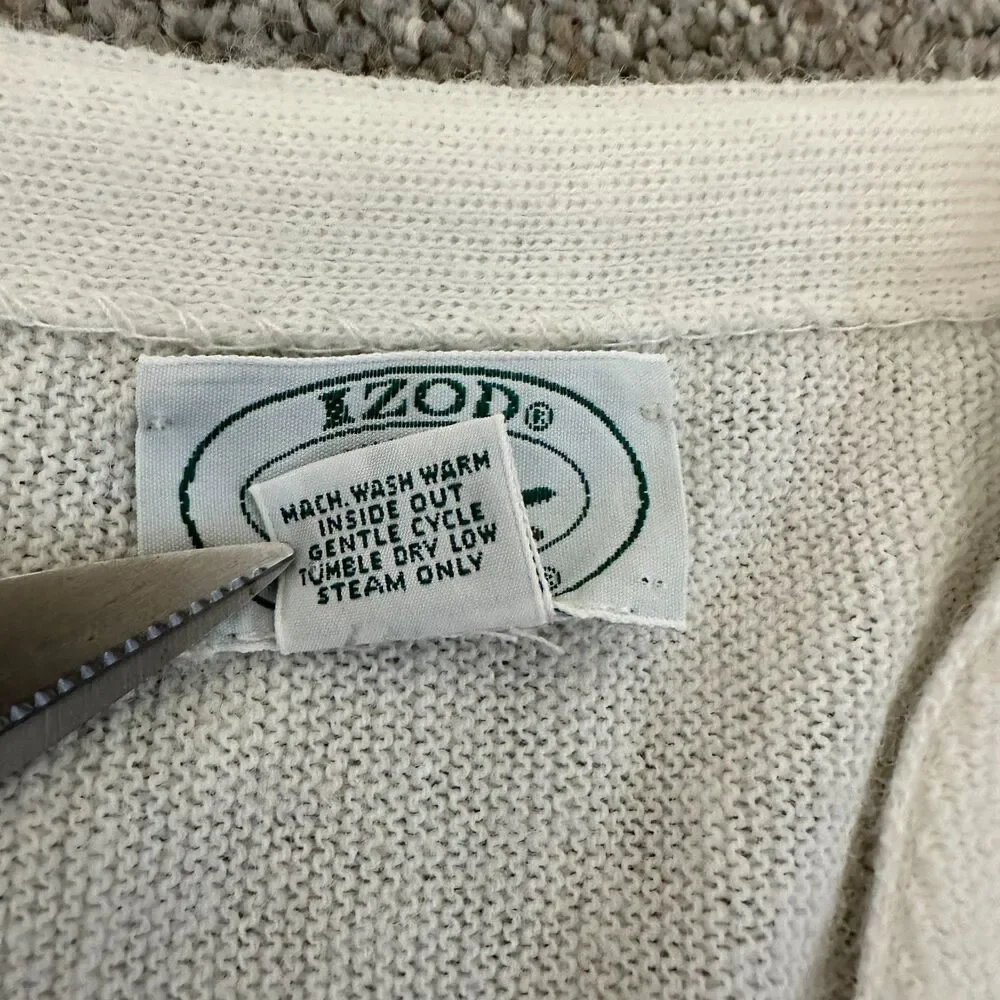 Vtg Izod lacoste Cardigan Sweater L White Orlon Acrylic USA Made Cracodile